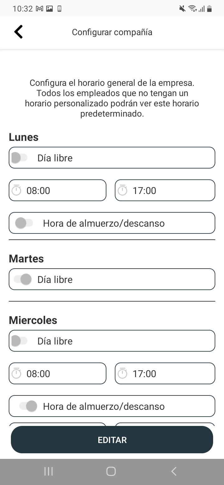 Configuracion de horarios de compania