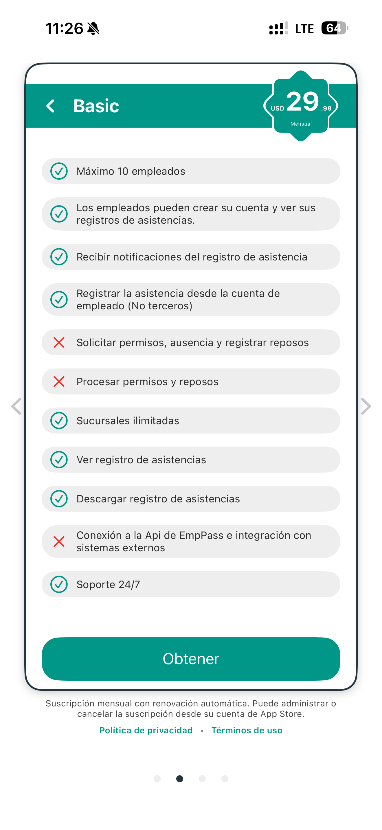 Plan Basic de EmpPass - USD 29.99/mes hasta 10 empleados