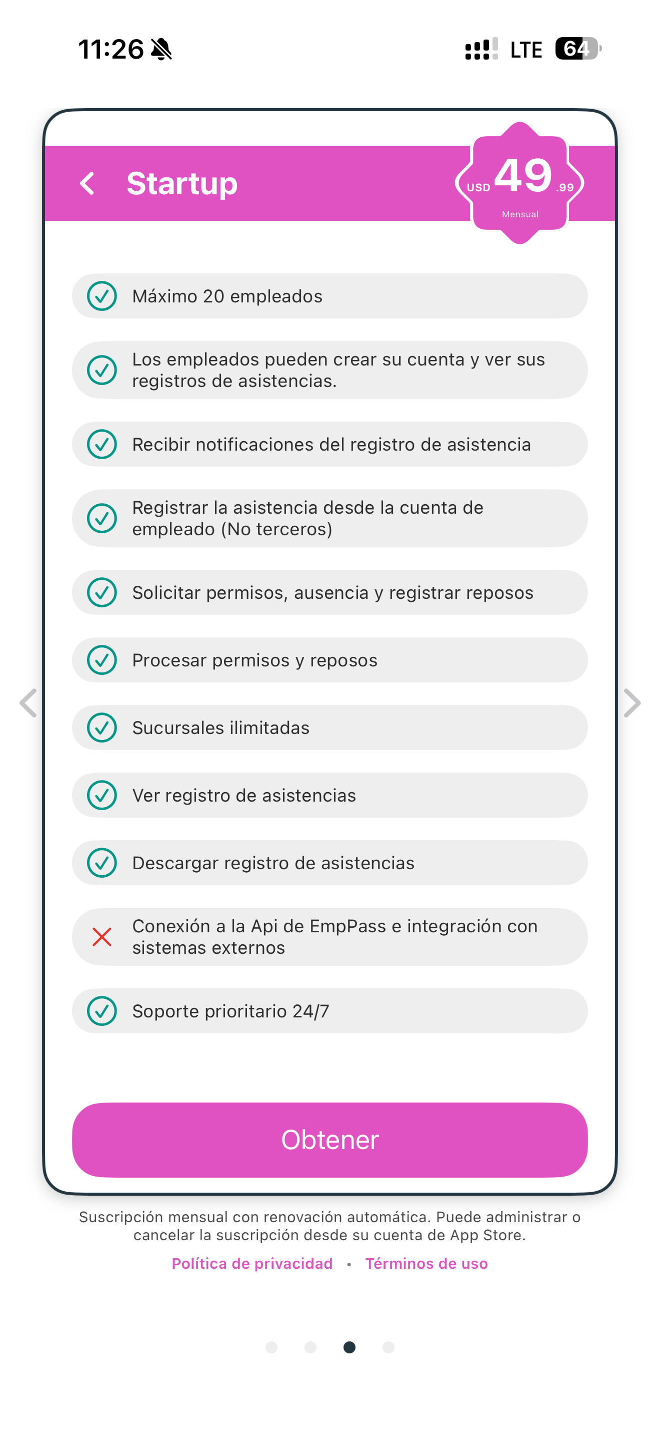 Plan Startup de EmpPass - USD 49.99/mes hasta 20 empleados